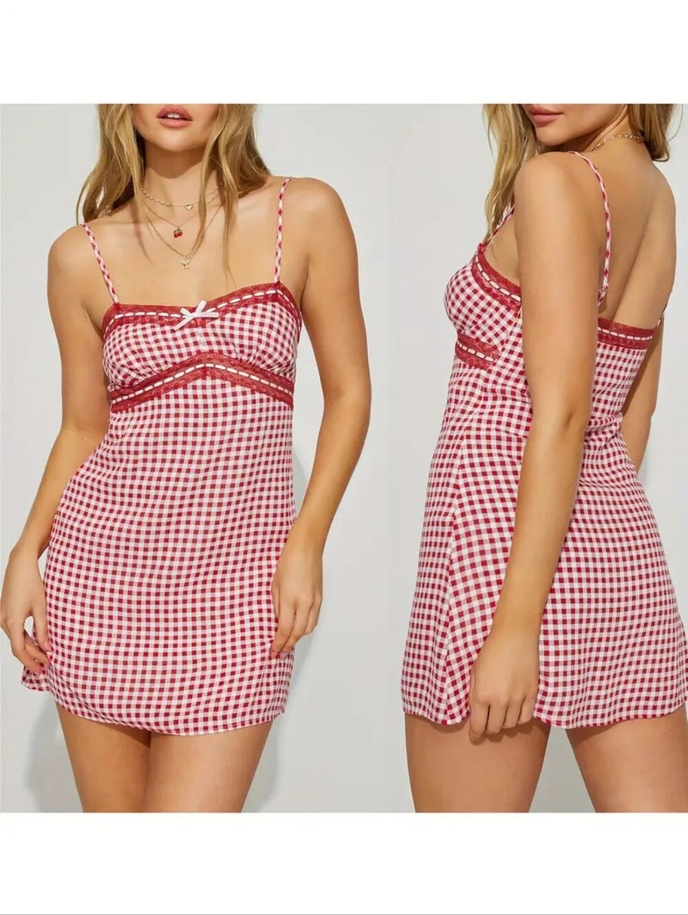 Garage Red & White Gingham Lace Trim Mini Dress